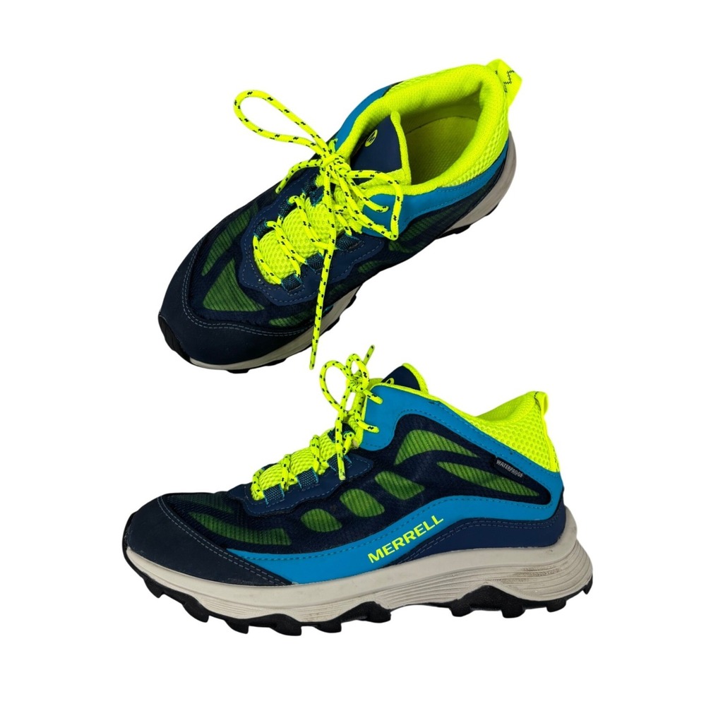Merrell Kids Moab Speed Mid Waterproof Hiking Shoes Blue Neon Yellow Size 4